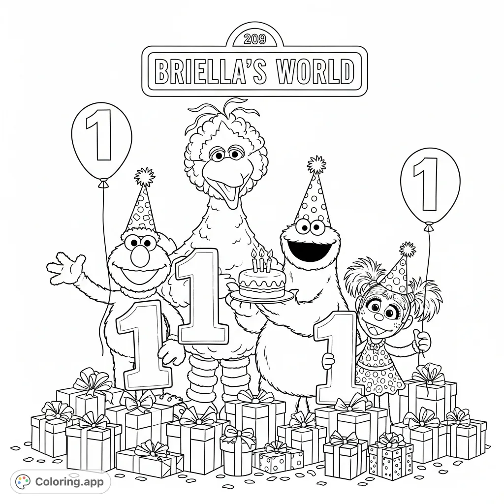 Join Elmo, Big Bird, and friends for a lively Sesame Street birthday celebration! Featuring festive hats, balloons, cake, and gifts.