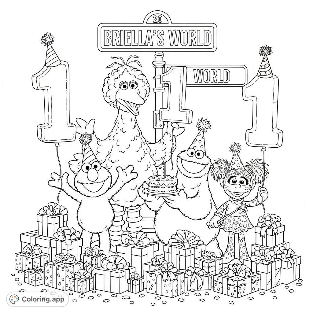 Join Elmo, Big Bird, Cookie Monster, and Abby Cadabby for a festive Sesame Street birthday party with gifts, balloons, and a personalized sign!