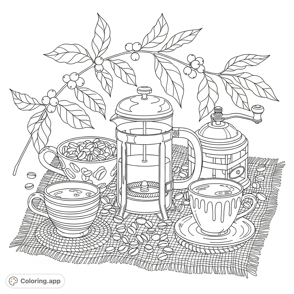 Explore a detailed coffee elements coloring page featuring a French press, beans, grinder, cups, and coffee branch on burlap. Perfect for coffee lovers.