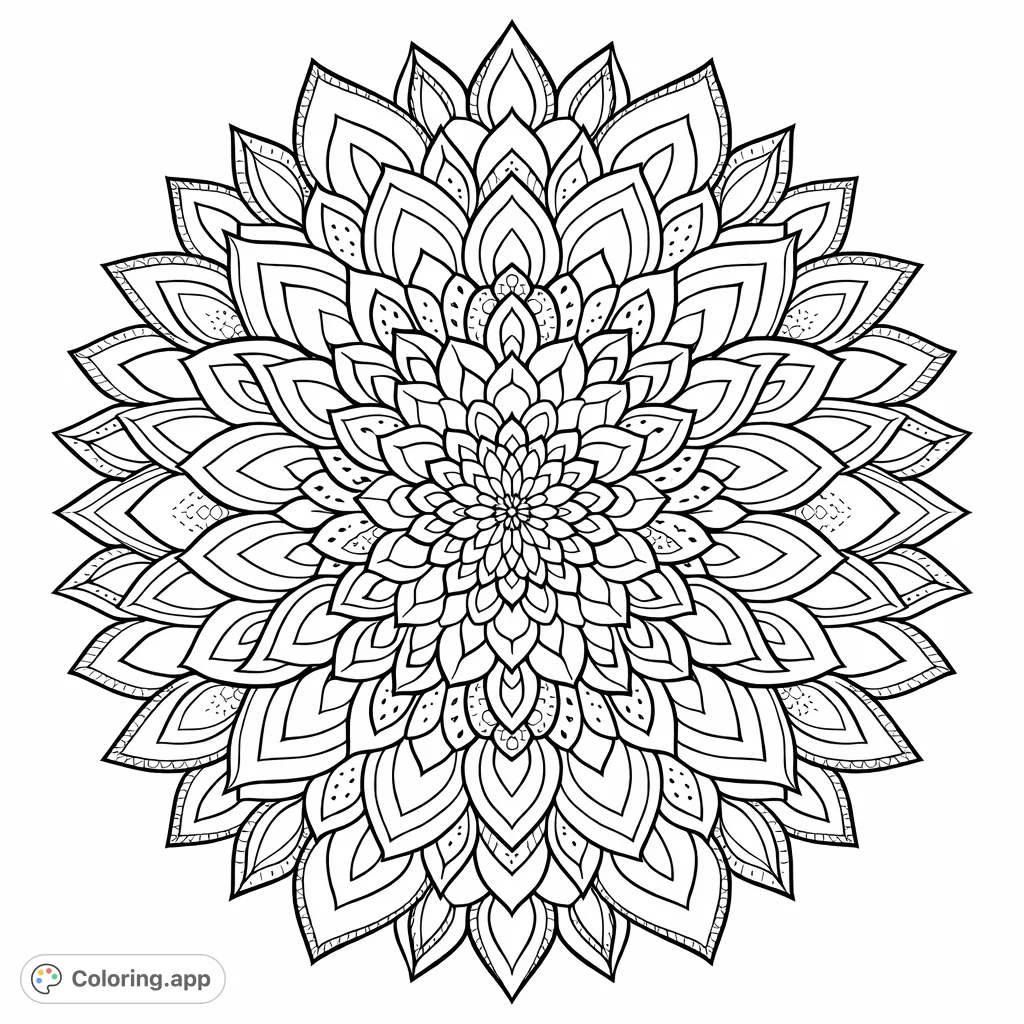 An intricate floral mandala design featuring layers of detailed petals and delicate patterns, perfect for mindful coloring and creative expression.