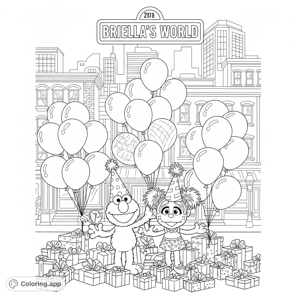 Join Elmo and Abby Cadabby for a festive birthday party on Sesame Street! Featuring party hats, presents, balloons, and a special "BRIELLA'S WORLD" sign.