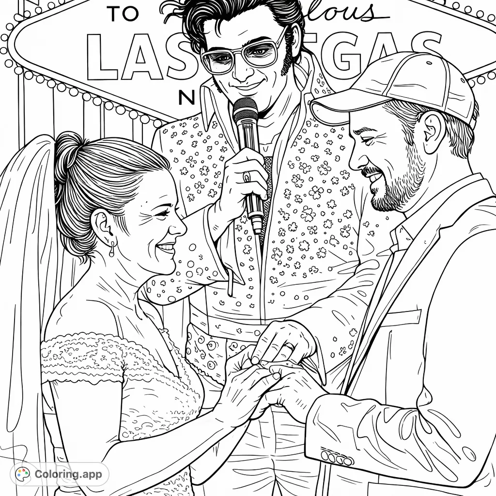 Celebrate love with this Las Vegas wedding coloring page, featuring a happy couple exchanging vows with a famous performer as the officiant.