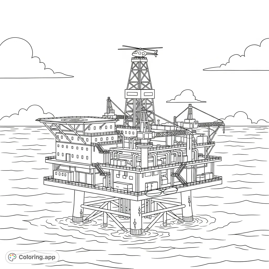 Oil Rig Colouring In Ocean Oil Rig and Helicopter - Coloring.app