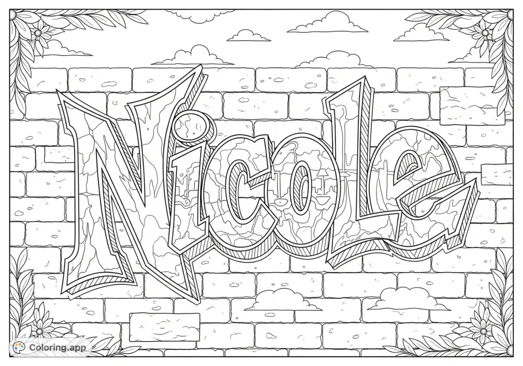 A vibrant, personalized graffiti coloring page featuring the stylized name "Nicole" on a textured brick wall, offering an intricate urban art experience.