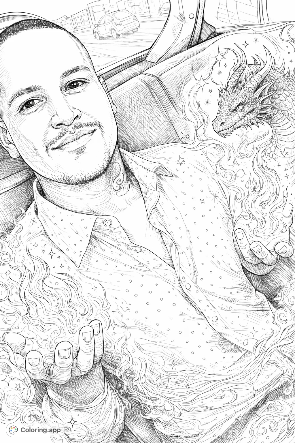 A mystical urban portrait coloring page featuring a man with a unique neck tattoo and patterned shirt, perfect for adult colorists.