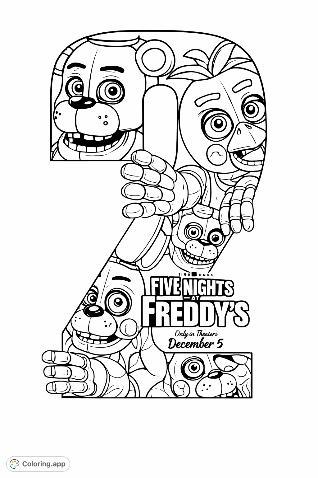 Unleash your creativity with this FNAF 2 coloring page featuring iconic animatronics peeking from behind a prominent number two, perfect for fans!
