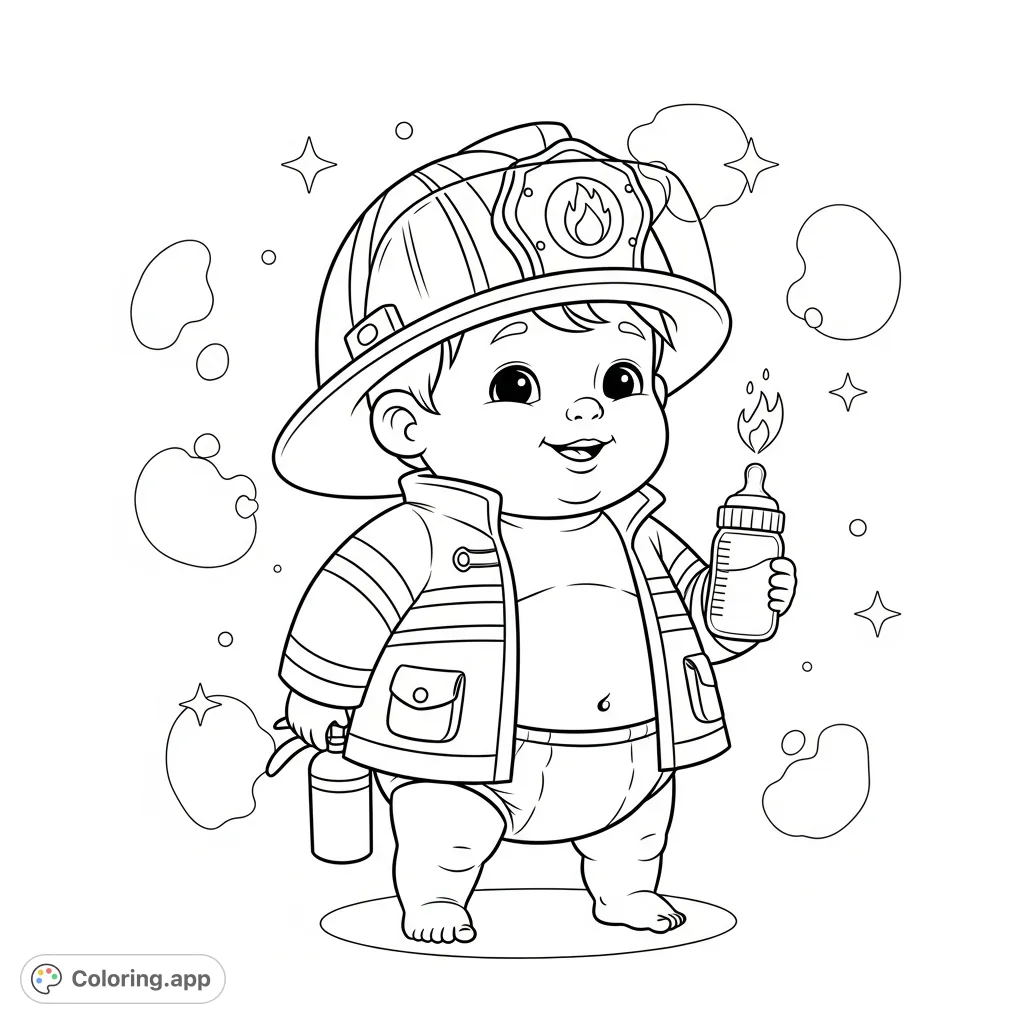 A whimsical fantasy firefighter toddler, bravely equipped with a diaper and baby bottle, ready for adorable adventures. Perfect for little heroes!