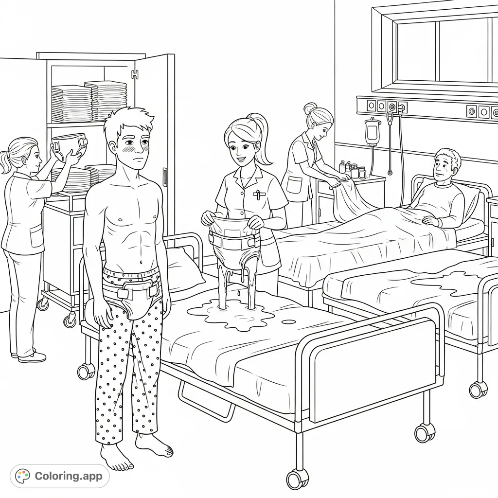 Witness a young man's awkward hospital moment, assisted by a cheerful nurse, with other patients and staff observing in this detailed hospital scene coloring page.