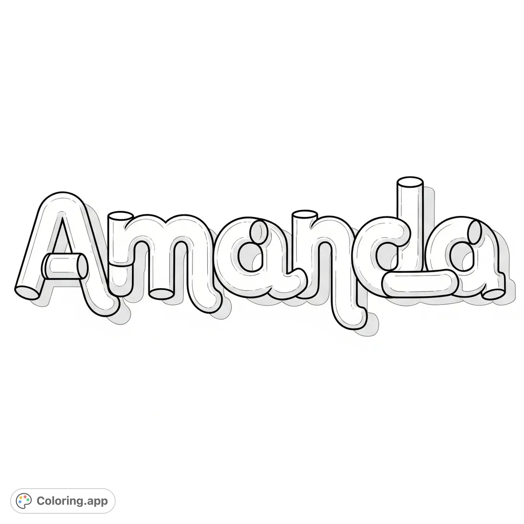 A unique Amanda coloring page featuring the name in a captivating 3D tube art style, perfect for personalization and creative expression.