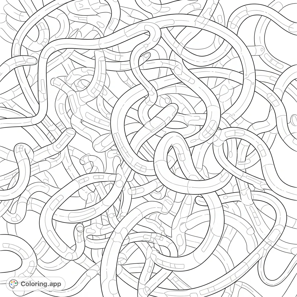 Explore a complex 3D tube style coloring page featuring an intricate network of intertwined pipes, perfect for advanced colorists seeking a challenge.