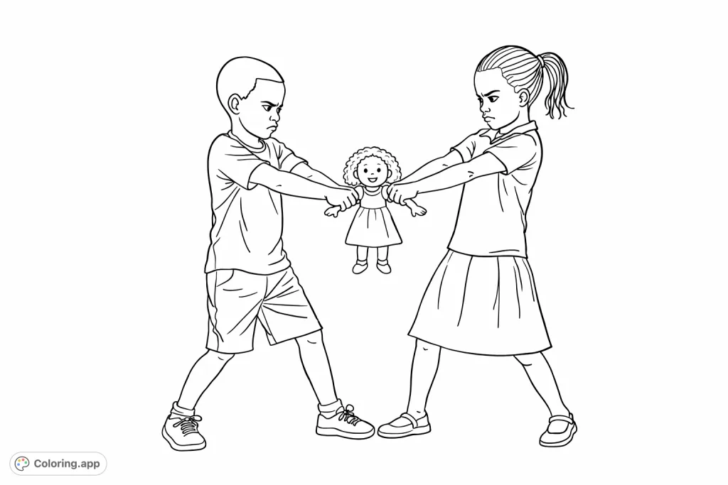 Two children engage in a spirited tug-of-war over a doll, showcasing a classic sibling or playmate dilemma. A perfect children coloring page to discuss sharing and friendship.