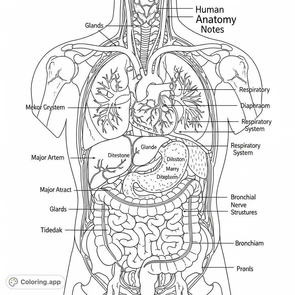 Explore intricate human anatomy notes with this detailed coloring page, showcasing organ systems, vessels, and textual labels. Perfect for learning and relaxation.