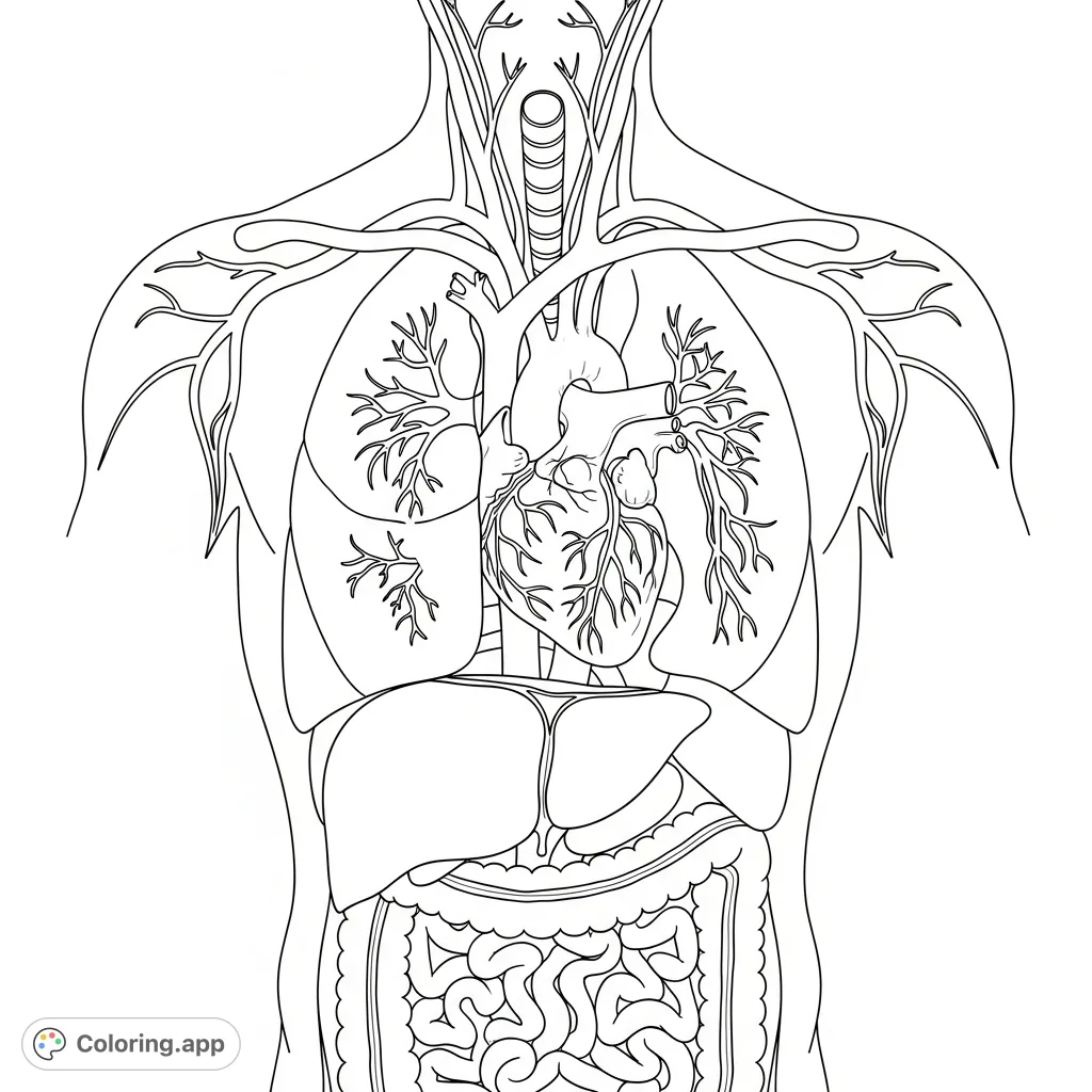 Explore the intricate human torso, revealing the heart, lungs, and major vessels. A detailed anatomical view for learning and relaxation.