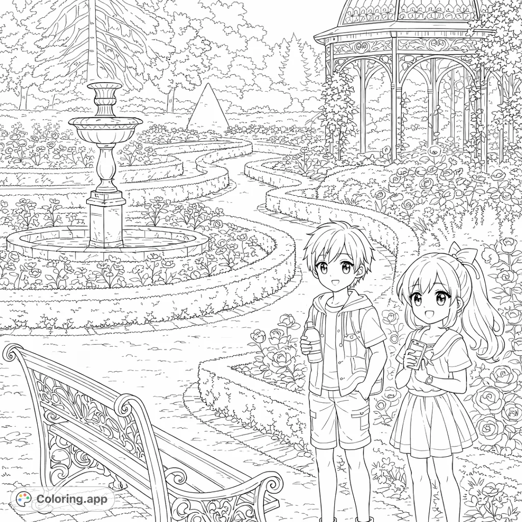Explore an enchanted garden, featuring a majestic fountain, intricate gazebo, and winding paths. A beautiful nature scene with moderate detail, perfect for anime-inspired coloring.