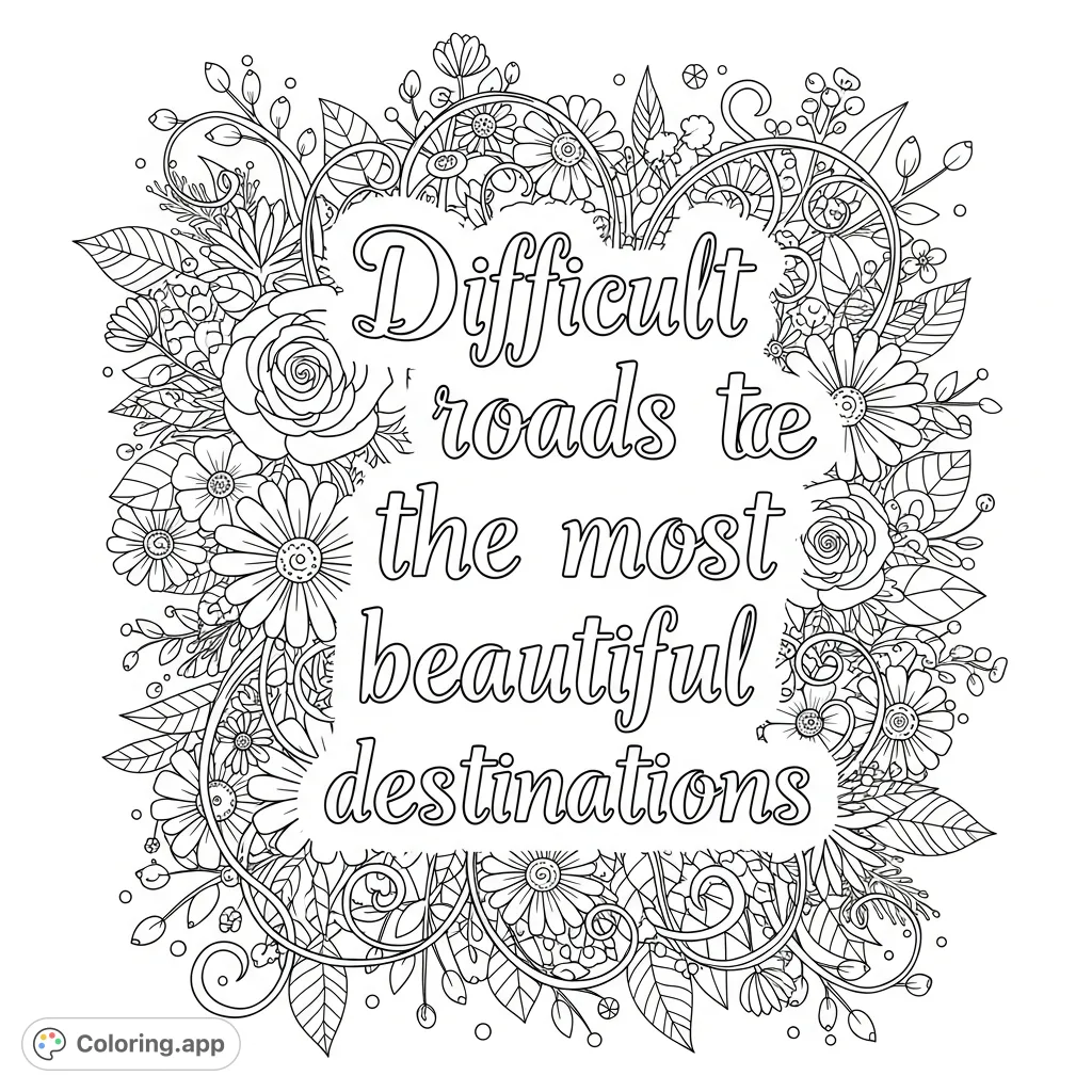 An inspiring floral coloring page featuring the quote "Difficult roads lead to the most beautiful destinations," perfect for mindful coloring and reflection.
