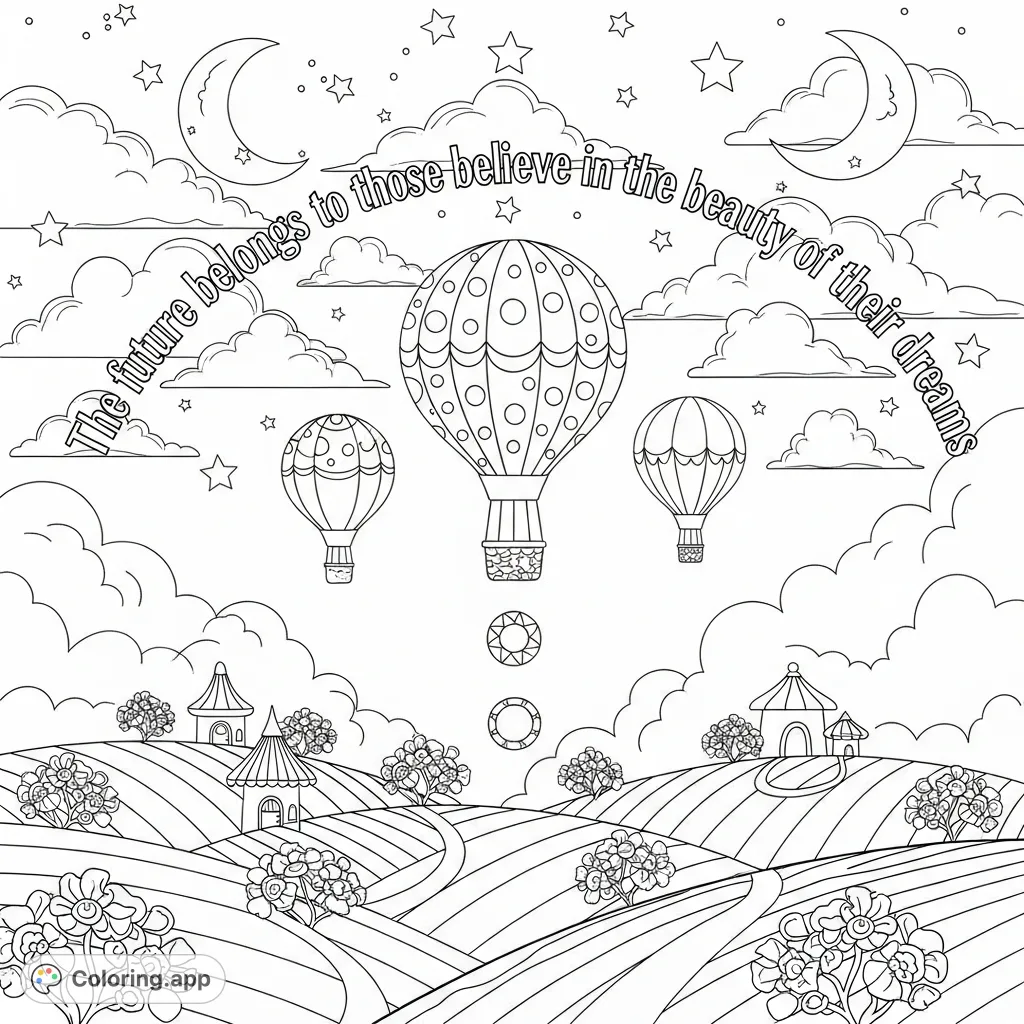A whimsical dreamscape coloring page with hot air balloons, stars, and fluffy clouds, featuring an inspiring quote about believing in dreams.