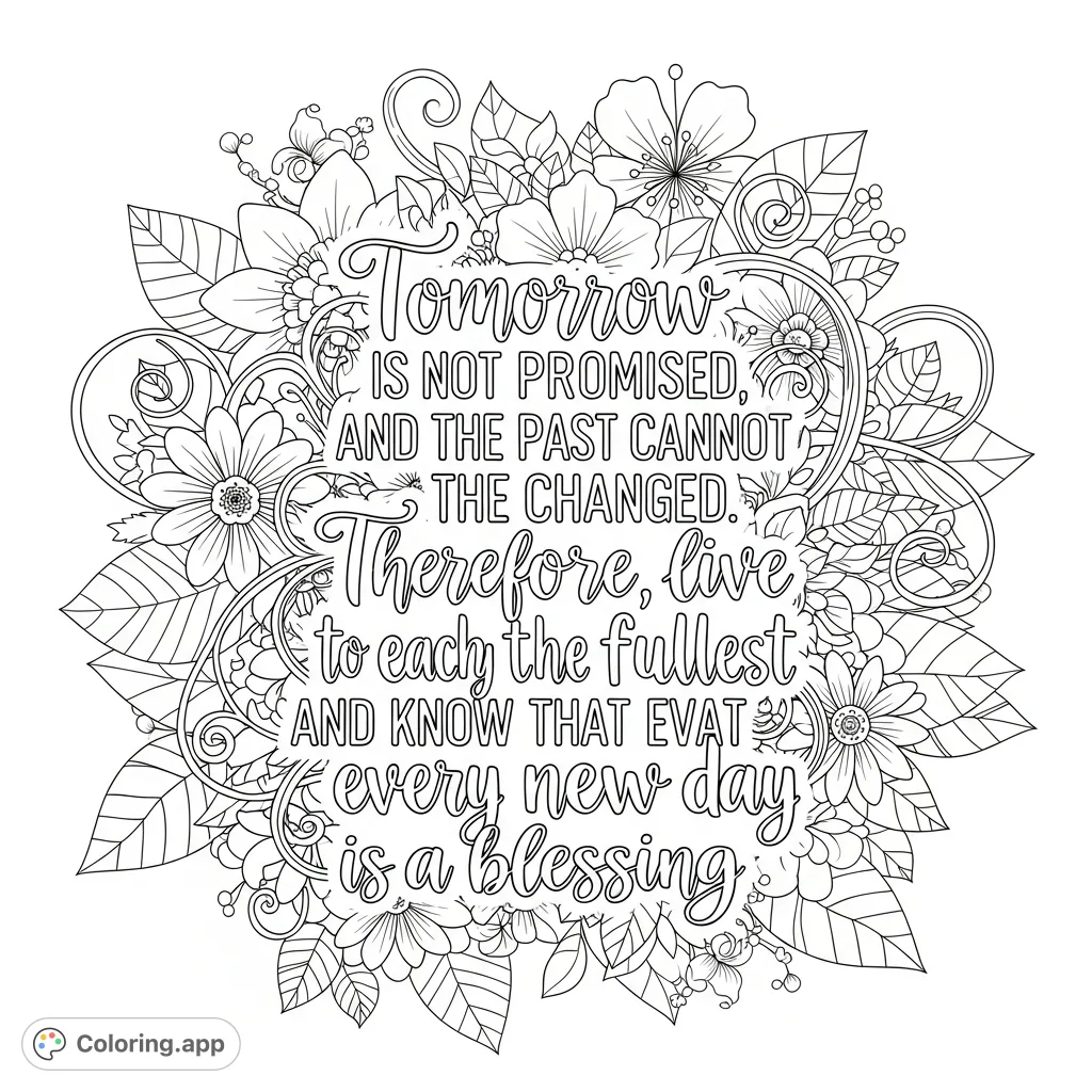 An inspiring quote, "Live each day to the fullest," beautifully presented amidst an intricate, lush floral background with vines, leaves, and detailed blossoms.