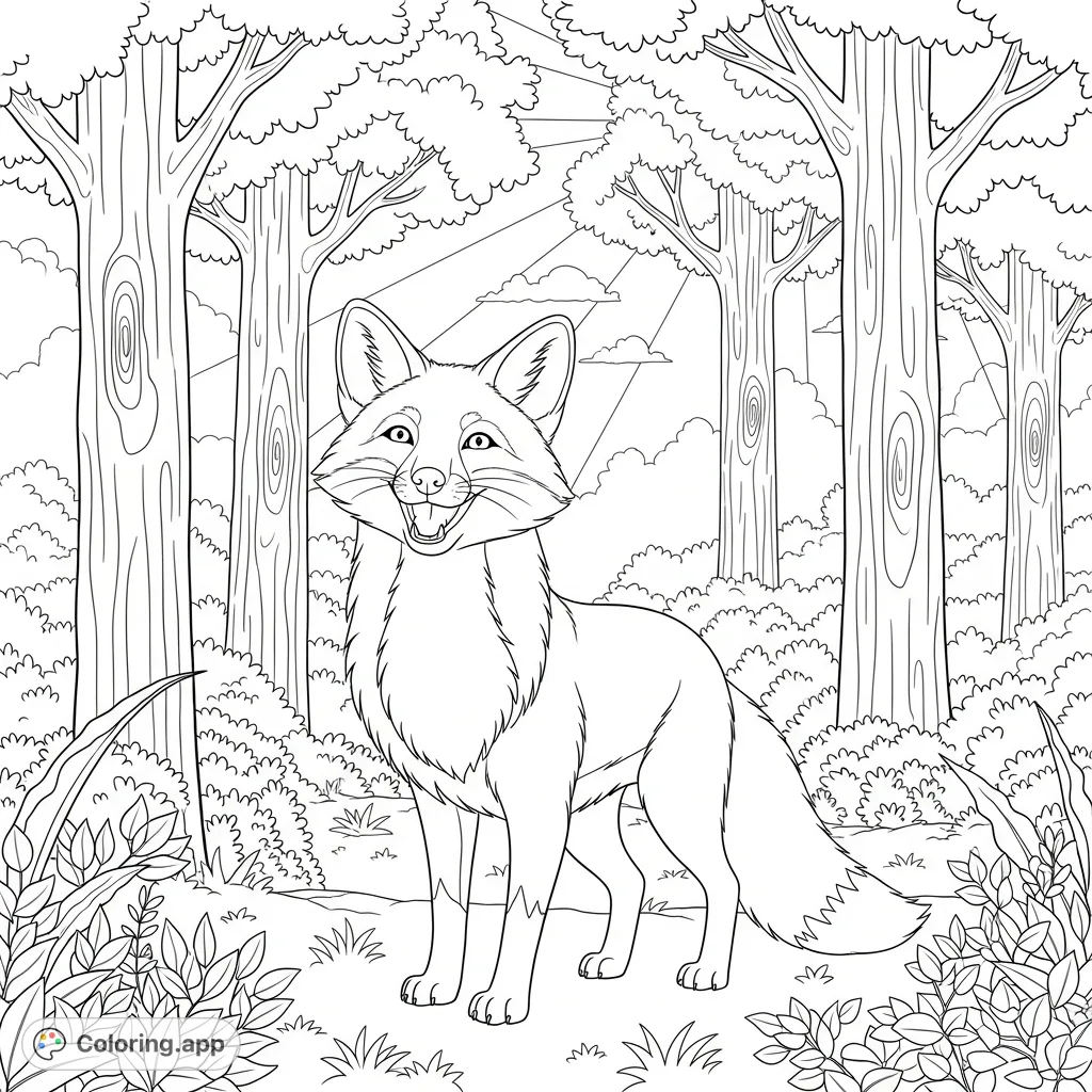 A delightful coloring page featuring a happy, smiling fox standing in a detailed forest setting, perfect for all ages and skill levels.