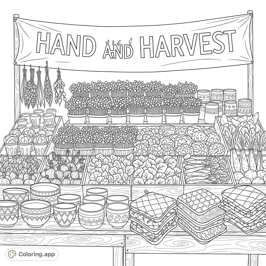 A charming Hand and Harvest market stall coloring page, featuring fresh microgreens, vegetables, dried spices, ceramics, and handmade potholders.
