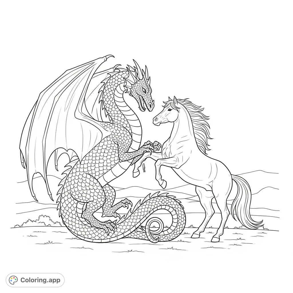 A captivating dragon and horse coloring page depicting a playful interaction between mythical creatures in a serene landscape, perfect for fantasy enthusiasts.