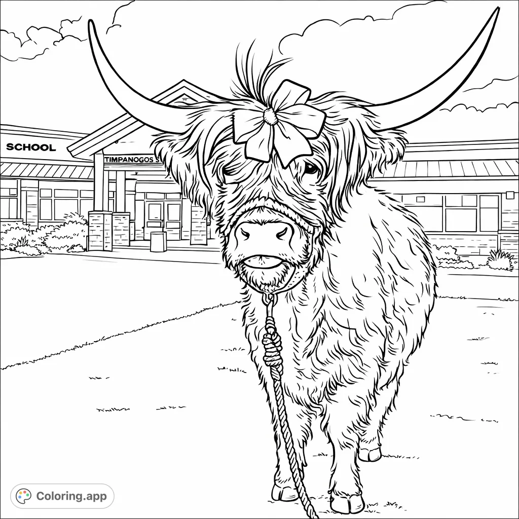A charming Highland cow with a decorative bow stands proudly in front of a school building, ready for a fun coloring adventure.