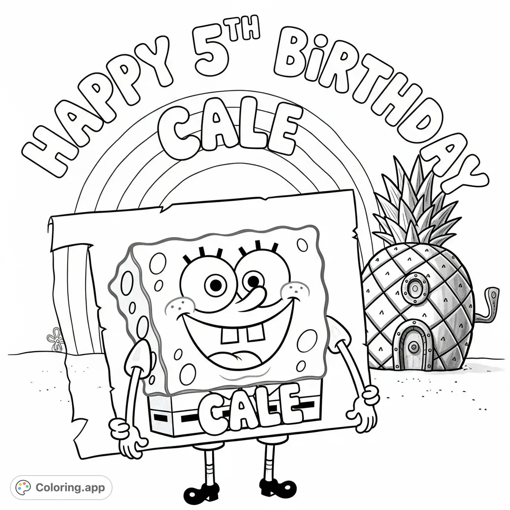 A delightful SpongeBob SquarePants coloring page featuring SpongeBob holding a personalized "Happy 5th Birthday Cale" sign in front of his pineapple home. Perfect for fans!