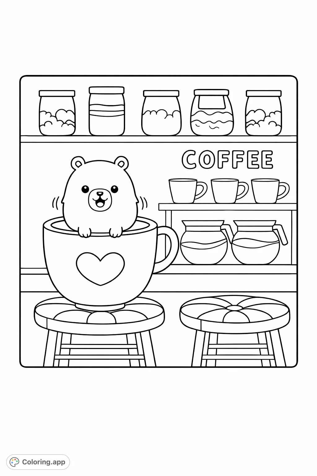 A delightful coloring page featuring a whimsical animal enjoying a large mug on a coffee shop counter, surrounded by various coffee supplies and decor.