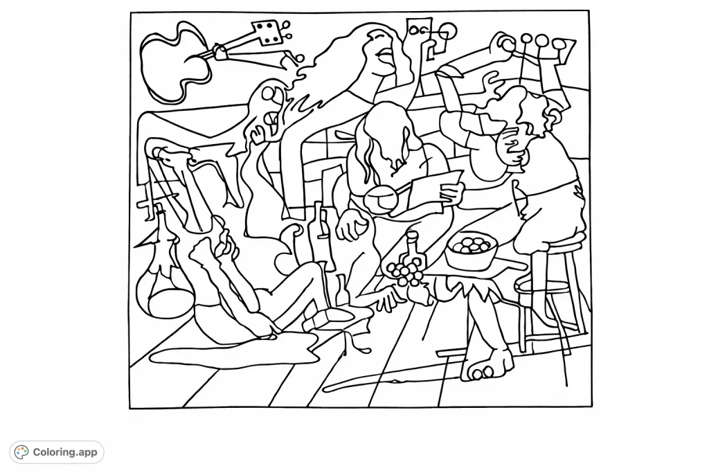 An abstract scene of musicians jamming with guitars and other elements. Explore expressive lines and forms in this unique, artistic coloring page.