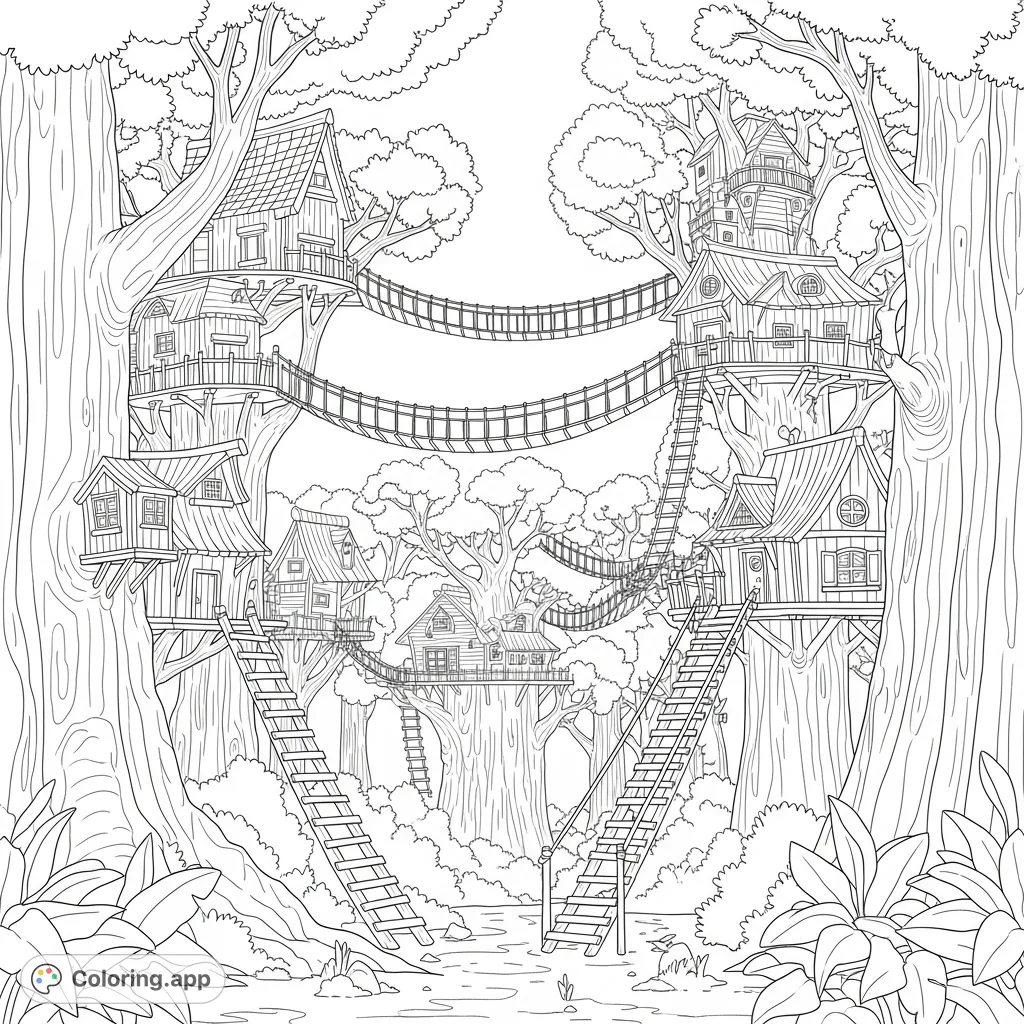 Explore an enchanting treetop village coloring page, featuring detailed treehouses, winding rope bridges, and dense forest foliage. A magical adventure awaits!