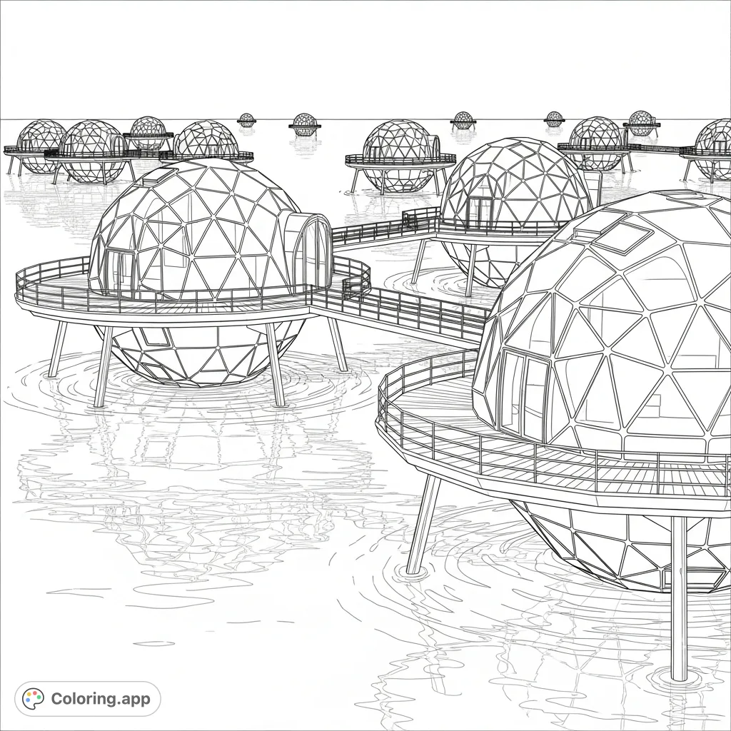 Explore an advanced ocean habitat with this futuristic geodesic ocean living pods coloring page. Featuring intricate structures and serene water reflections.