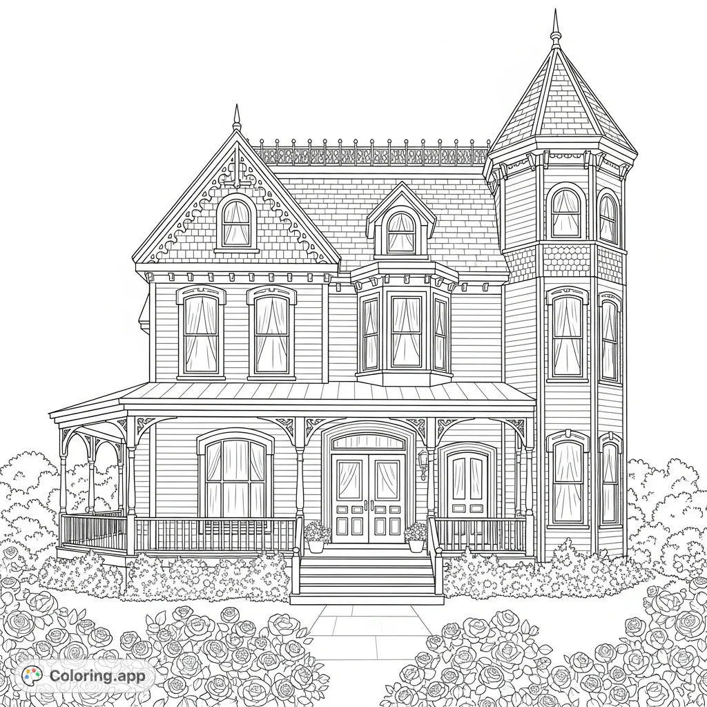 Discover a grand Victorian dollhouse featuring a wraparound porch, elegant double doors, a charming turret, and intricate gingerbread trim, surrounded by abundant roses.