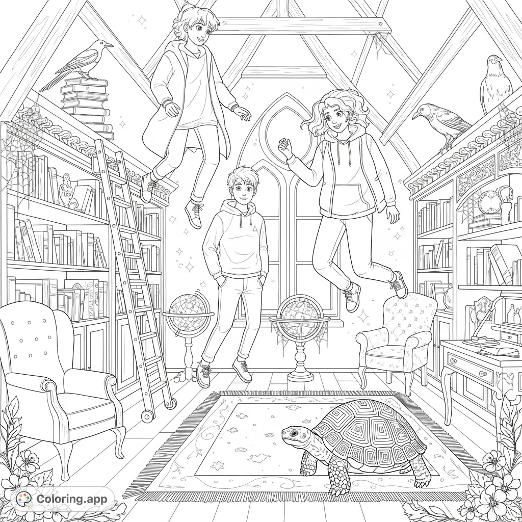 Float with modern teenage ghosts, a magpie, raven, and tortoise in a mysterious Victorian attic library. A captivating, detailed coloring adventure awaits!