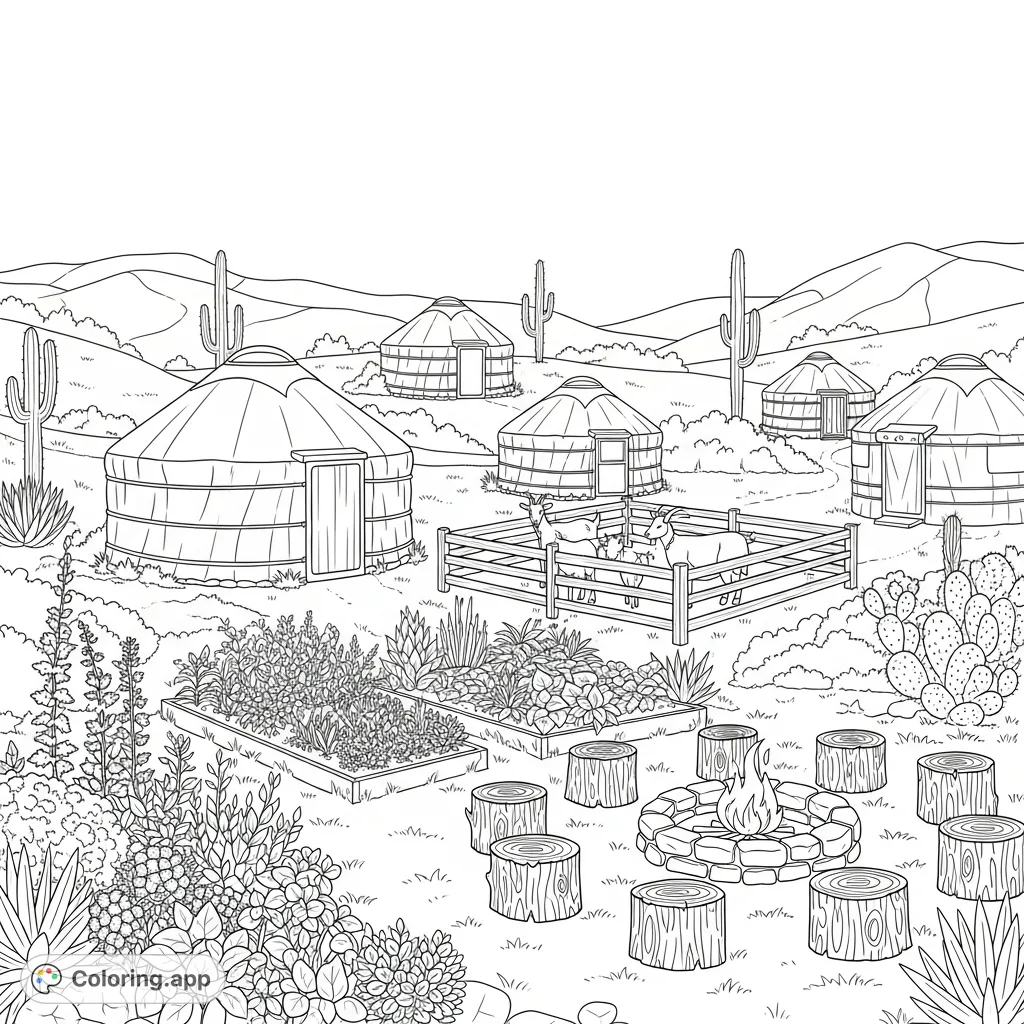Explore a serene Yurt Village in the New Mexico desert. Features yurts, a goat pen, lush herb garden, and a fire pit with tree stump seats for a peaceful homestead scene.