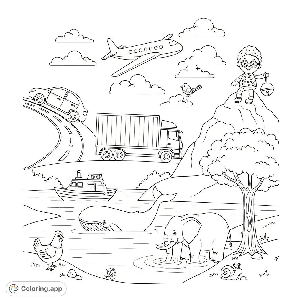 Explore a whimsical coloring page featuring cars, trucks, airplanes, boats, a whale, elephant, chicken, snail, and a doll in a vibrant landscape.