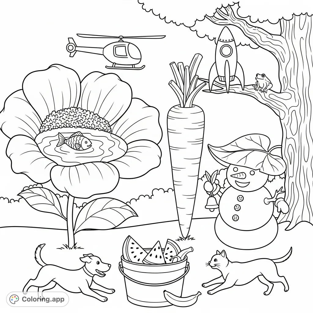 Explore a whimsical garden scene featuring a colossal flower, enormous carrot, rocket, snowman, and playful animals. A delightful free printable coloring page.