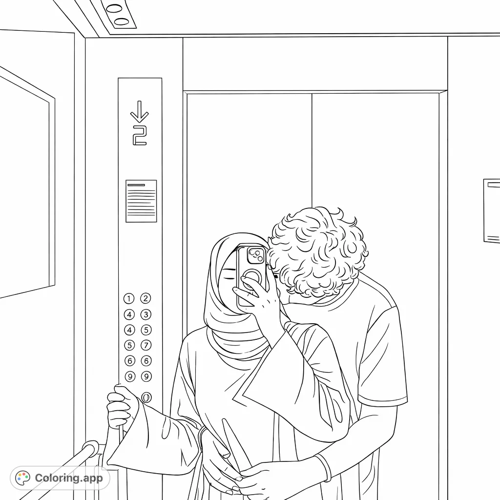 Capture a modern moment with this elevator couple selfie coloring page. Features an embracing duo, phone detail, and detailed elevator interior.