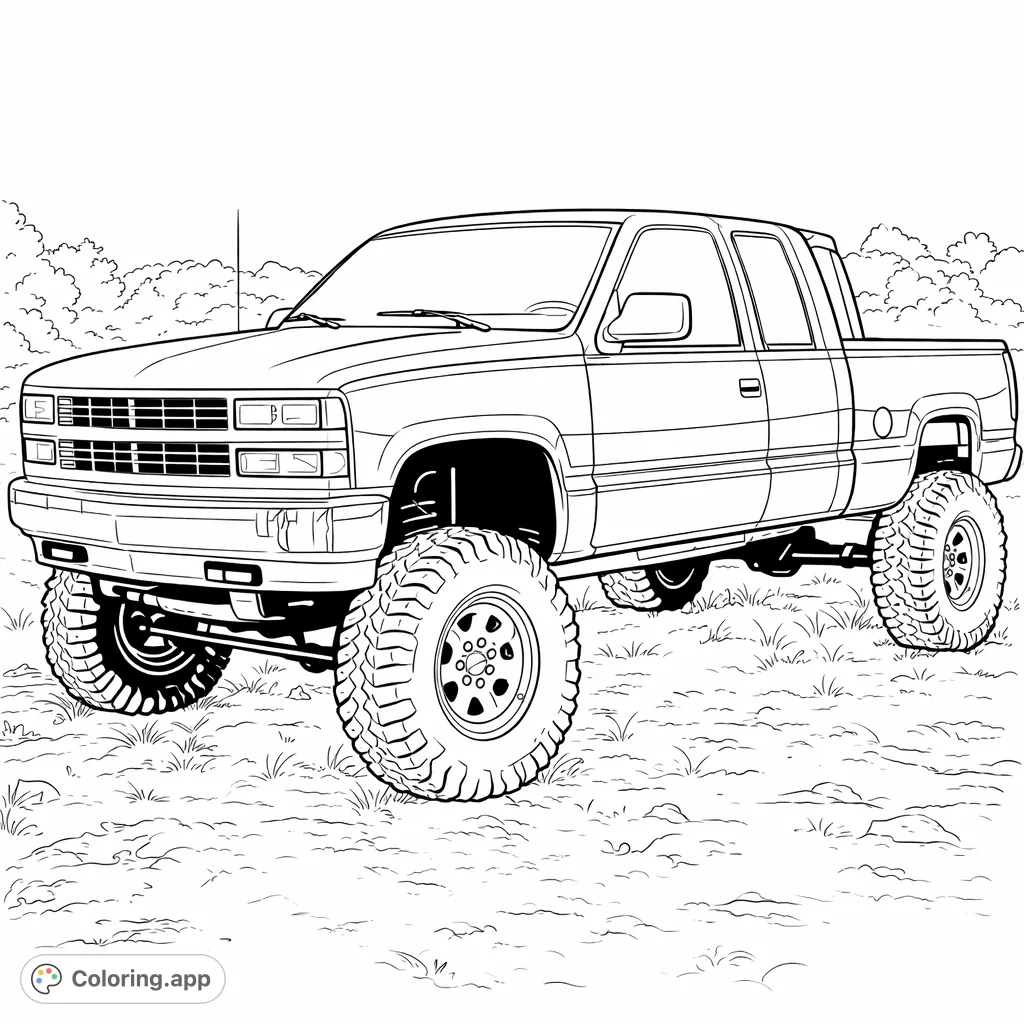 Rev up your creativity with this powerful lifted pickup truck coloring page, featuring rugged tires and a robust design for off-road enthusiasts.