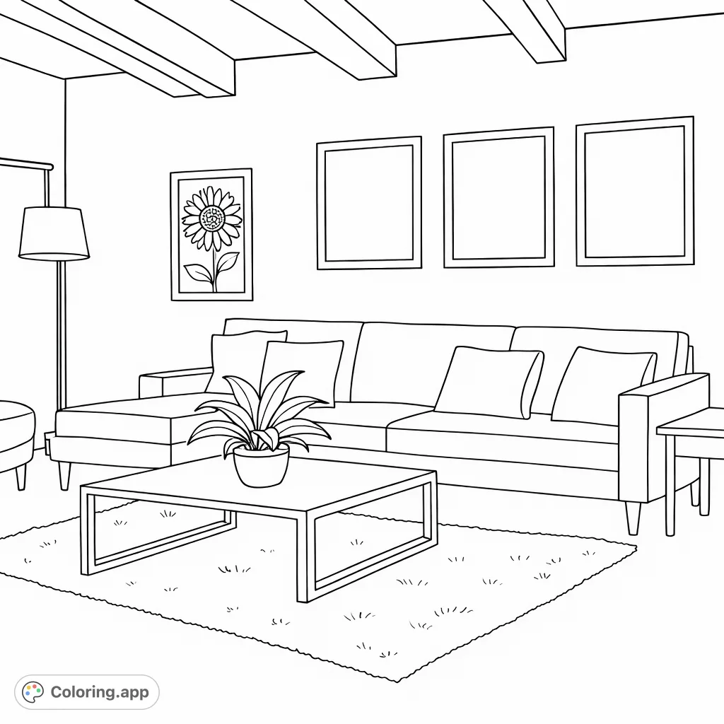 A detailed living room coloring page featuring a comfortable sectional sofa, coffee table with a plant, and wall art, perfect for relaxation.