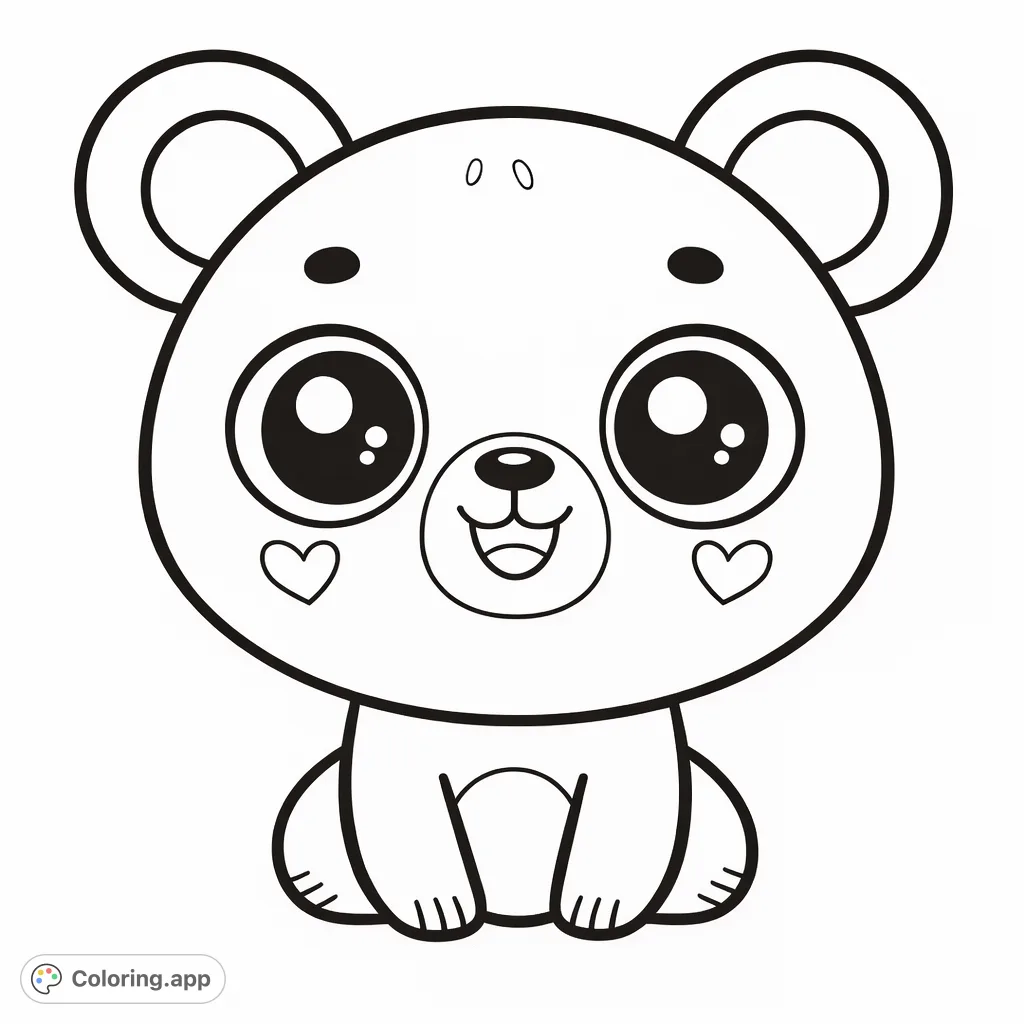 An adorable, friendly cartoon bear with expressive, round eyes and heart-shaped cheek details, sitting patiently for a fun and imaginative coloring adventure.