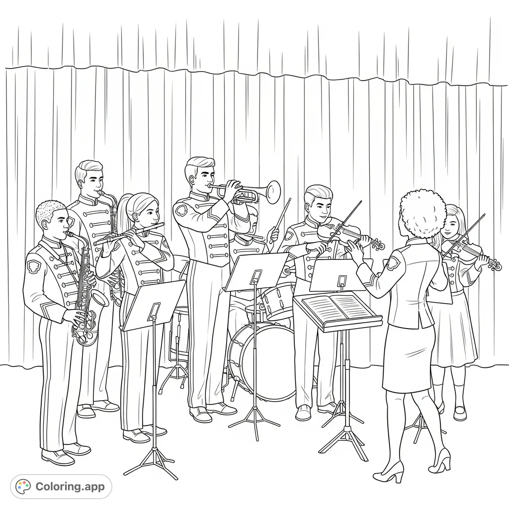 A vibrant scene of diverse 6th-grade students playing instruments on stage, led by a charismatic Caribbean conductor. Perfect for a free printable band concert coloring page.