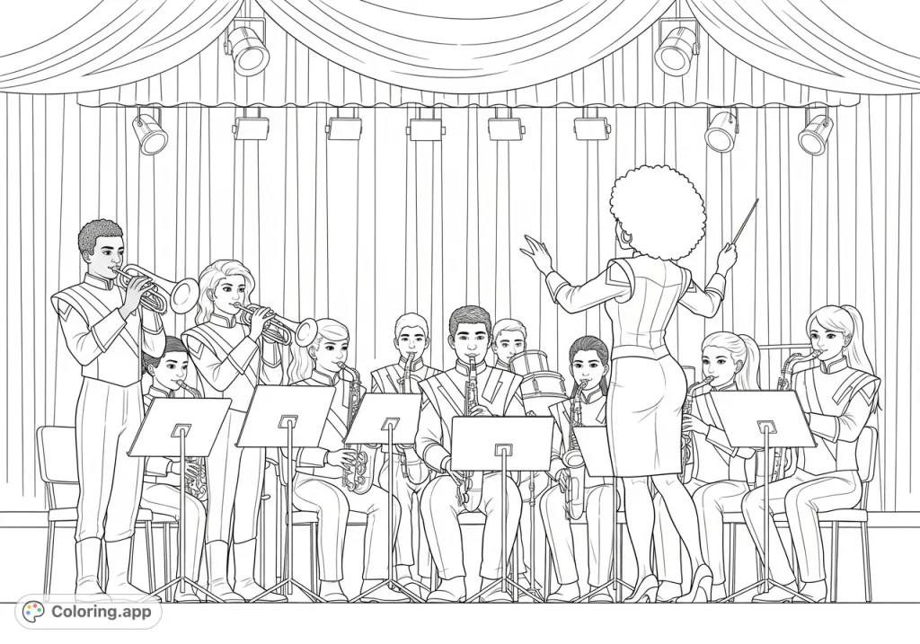 A vibrant scene of diverse 6th-grade students performing in a band concert, led by a dynamic Caribbean conductor. A celebration of music and culture.