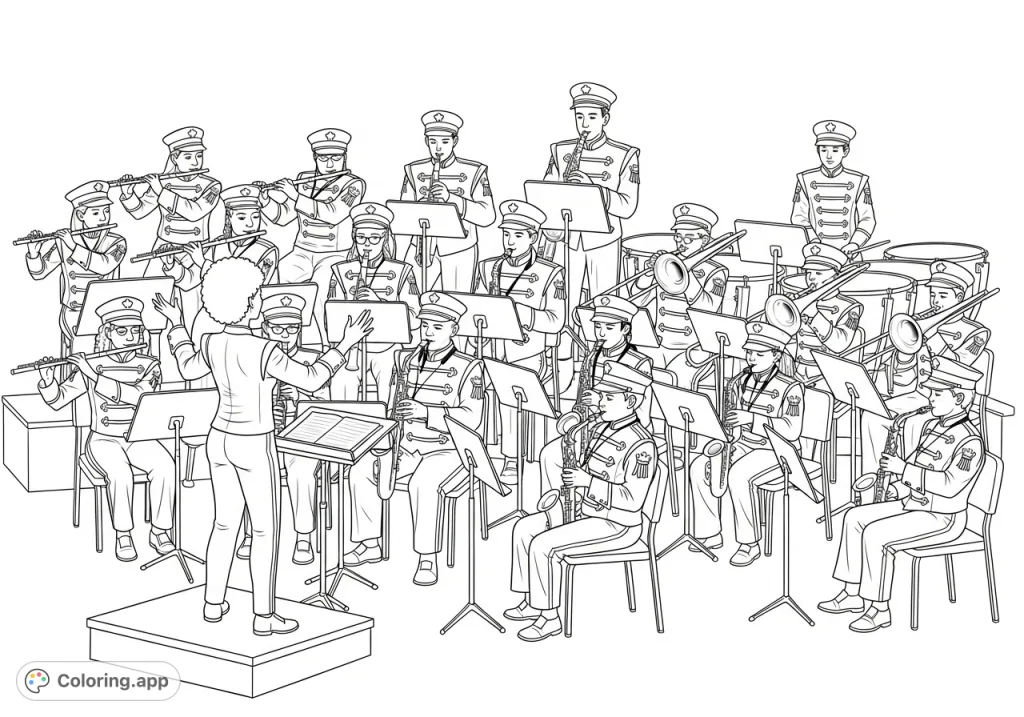 A vibrant scene of 22 diverse 6th-grade students playing various instruments in a band concert, led by a female conductor with afro textured hair. Detailed for coloring fun.
