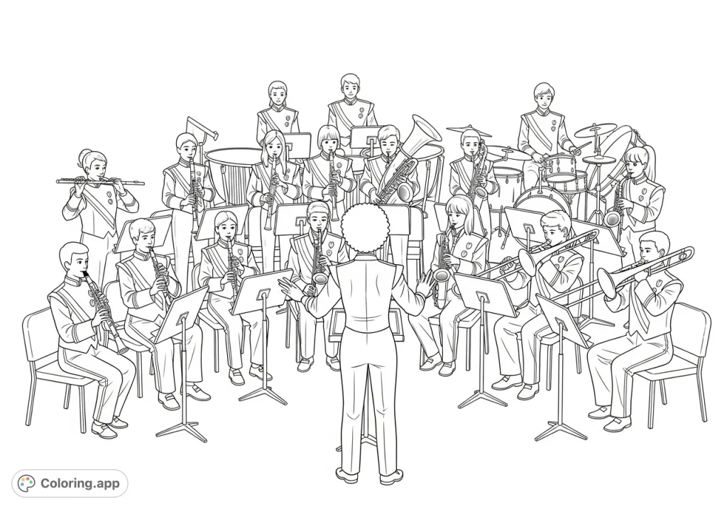 An inspiring 6th grade band concert coloring page featuring students in uniforms playing various instruments under the direction of a female conductor.
