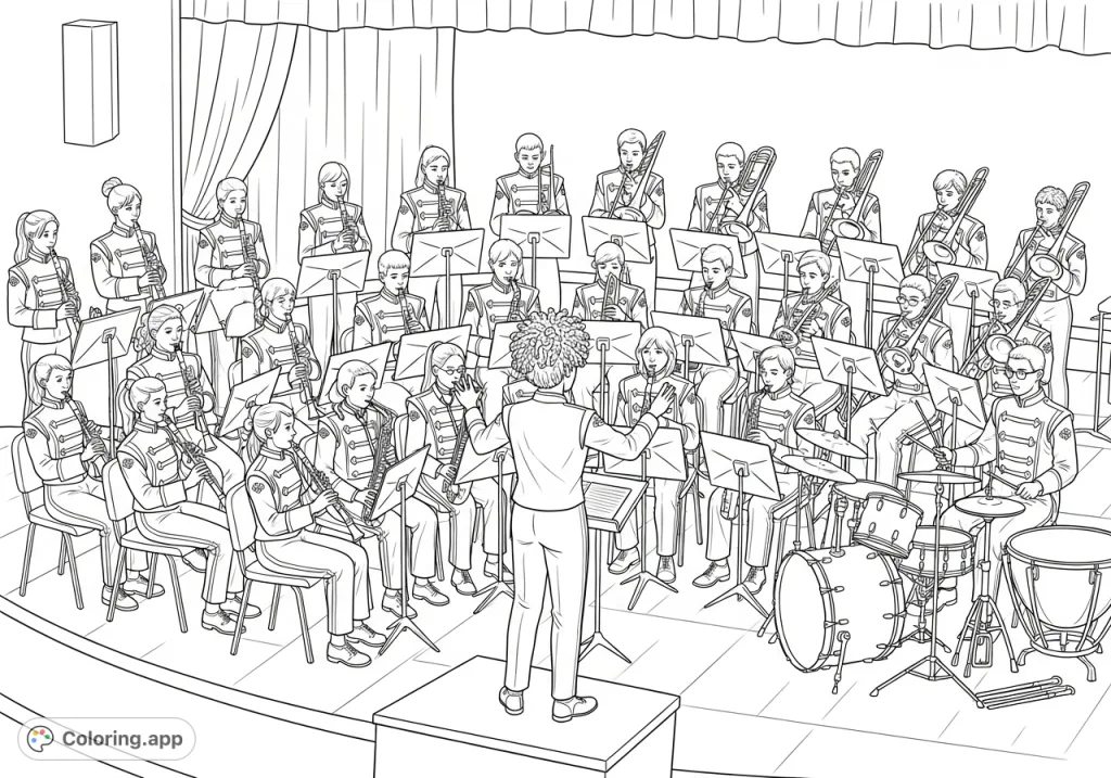 Experience a vibrant 6th-grade band concert! Twenty-two student musicians with flutes, clarinets, saxophones, trumpets, trombones, and percussion, led by their conductor on stage.