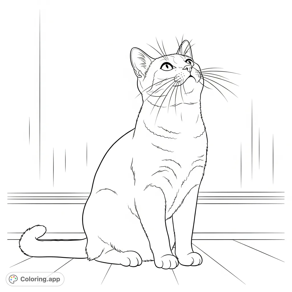 A charming cat sits attentively, gazing upwards, its tail curled. Perfect for cat lovers and free printable coloring page enthusiasts.