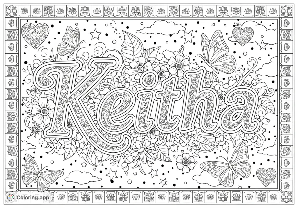 A beautiful coloring page featuring the name 'Keitha' in elegant script, surrounded by intricate floral designs, butterflies, and decorative patterns. Perfect for personalized relaxation.