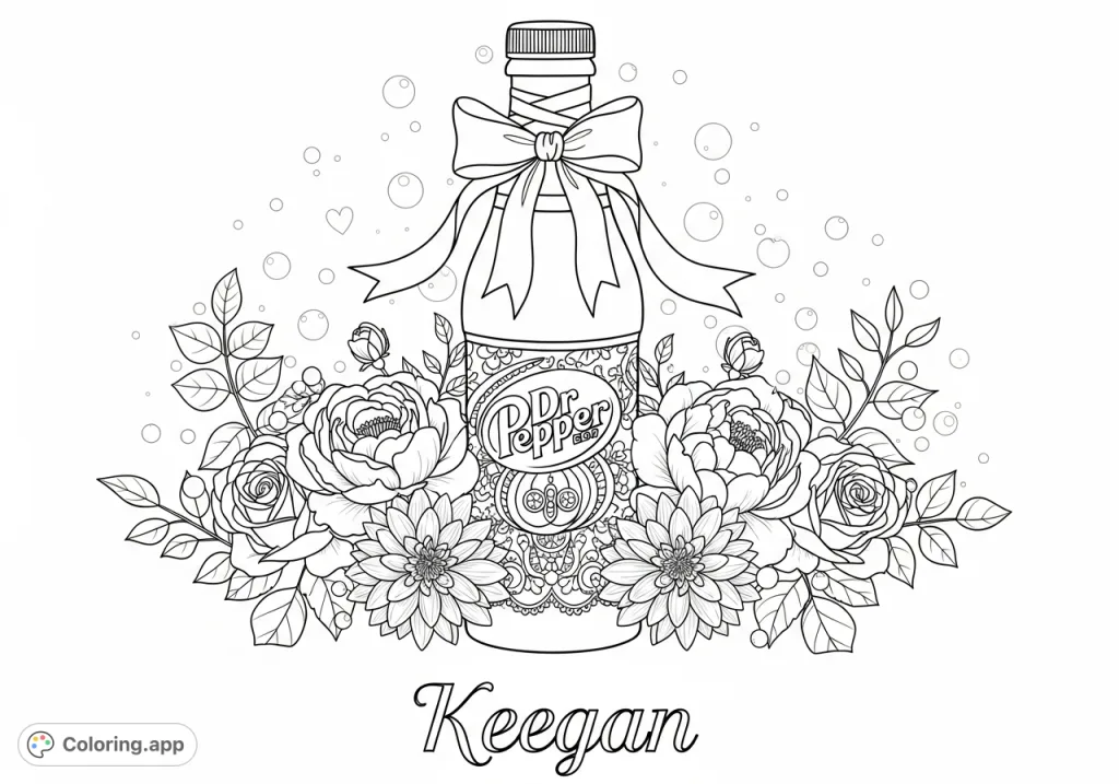A delightful Dr. Pepper Coquette coloring page, featuring a stylized bottle adorned with bows, vintage flowers, and the name Keegan. A charming, free printable activity.