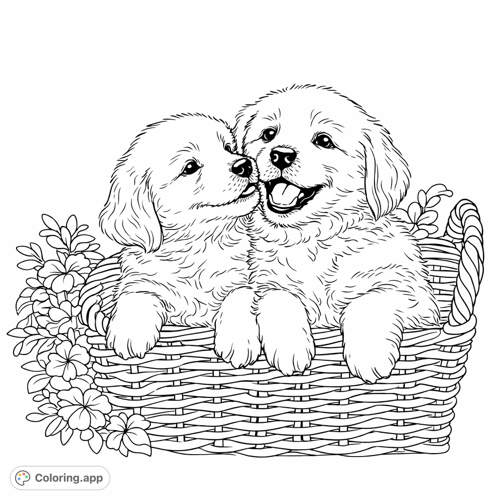 Discover two sweet puppies snuggled in a charming woven basket, surrounded by soft foliage. A heartwarming scene perfect for relaxation and creative expression!