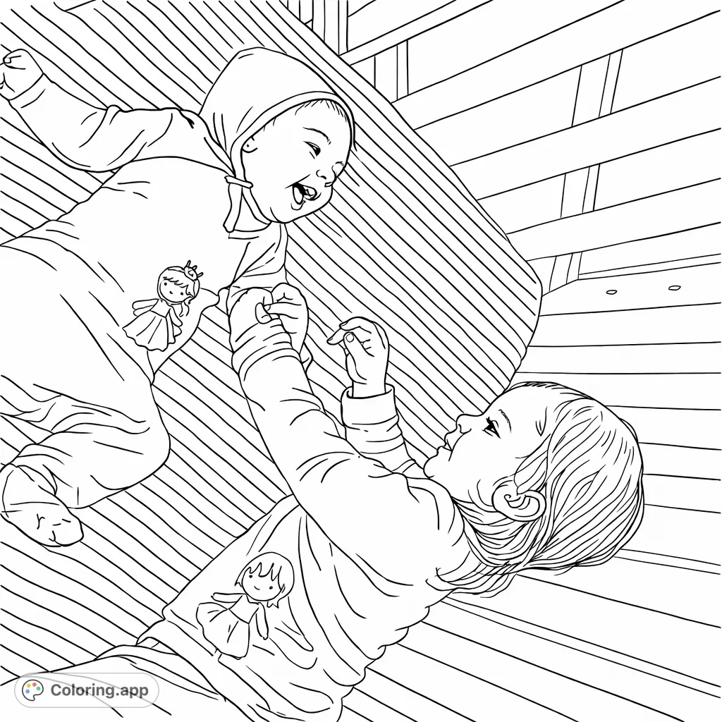 Capture a heartwarming scene of two children interacting playfully in a crib. Perfect for celebrating sibling bonds and tender moments.