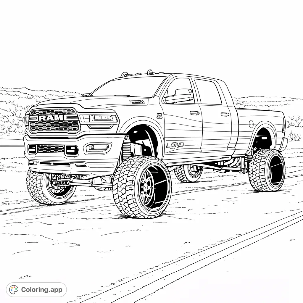An imposing, lifted pickup truck featuring massive tires and a detailed front grille, set against a wintry landscape. Perfect for vehicle enthusiasts.